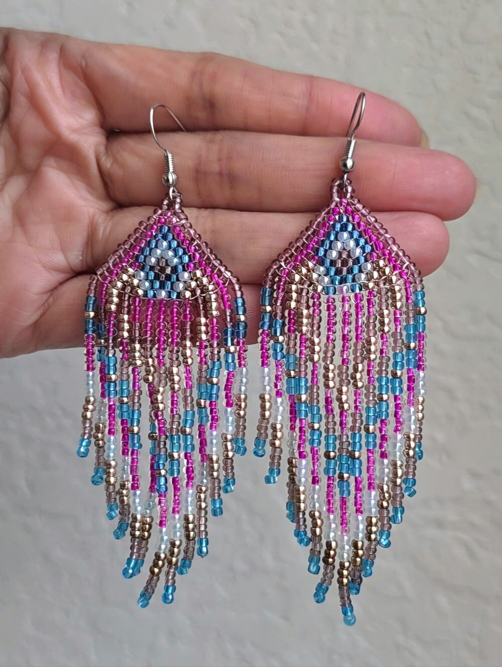 Handmade Yaz Boho Fringe Beaded Earrings - Ice Pink Blue